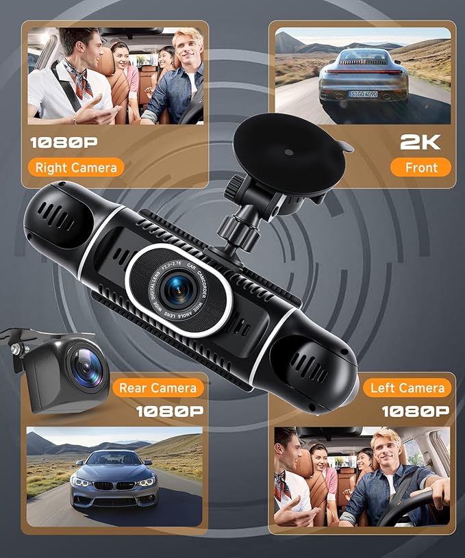 2K Dash Cam 360° View 4 Channel Front and Rear Dash Camera for Cars, 3x1080P, Left Right Dash Camera for Cars, 8 IR Lamps Night Vision, WiFi & APP Control, G-Sensor, 24H Parking Mode