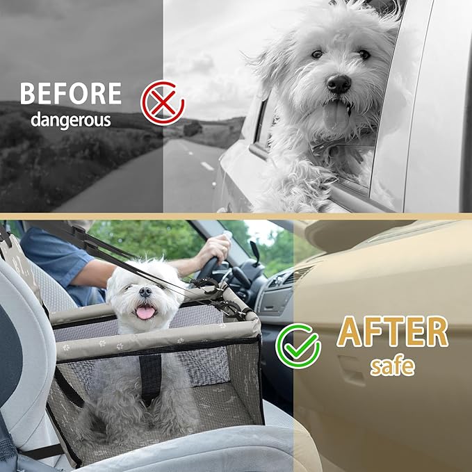 PetsHome Dog Car Seat Foldable Dog Car Booster Seat Waterproof Breathable Oxford Travel Bag for Small to Medium Dogs, Puppies, and Pets-Pattern Grey