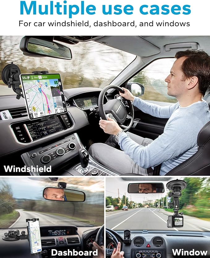 GDZN Suction Cup Windshield Tablet Holder for Car, Anti-Shake Dashboard Windshield Tablet Mount for Truck/Pickup/SUV, Car Mount with 1/4'' Screw for 4.7-13" iPad Pro, Galaxy Tab, iPhone, Gopro, Camera