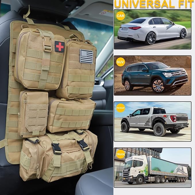 Jimikay Tactical Car Seat Back Organizer Hanger Bag with 5 Detachable Molle Pouch Vehicle Molle Panel Organizer Storage Bag Universal for for most car models (Khaki)