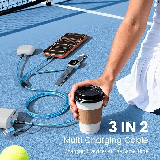 Cruise Travel Essentials 2026, 3 in 2 USB A/C Cable to iPhone 17 Charger/iWatch Charger/IP, Braided Multi Charging Cable Cord, Multi Charger Cable for iWatch Series & iPhone17-11/iPad [Blue, 5FT]