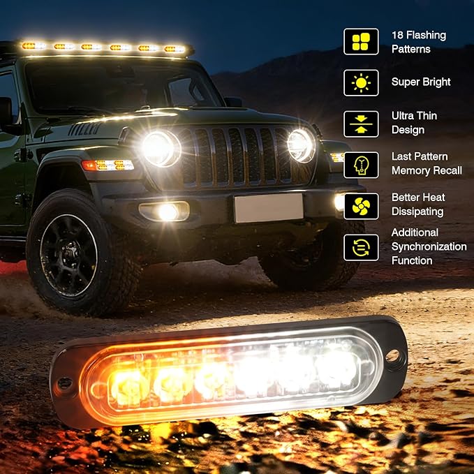 SEISSO 8-Pack 6 LED Sync Feature Strobe Lights Vehicles Trucks Emergency Strobe Lights Kit 12V -24V Warning Hazard Flash Lights Bar Grill Grille Surface Mount Super Bright Waterproof (Amber/White)
