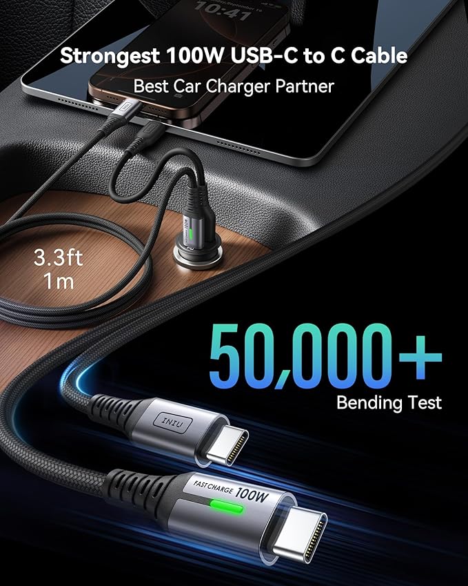 INIU Car Charger, Cigarette Lighter USB Charger Total 60W, 12V USB Socket with [1m] 100W Type C Cable Fast Charge, Car Phone Charge Adapter for iPhone 17 16 Samsung Laptops Switch 2 Car Accessories