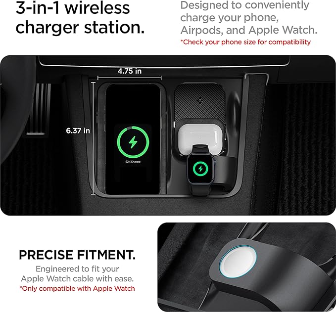 Spigen 3-in-1 Organizer Mount for Legacy Tesla Model Y 2022-2024 & Model 3 2022-2023 (Watch Charger Not Included) - Uses Tesla Wireless Charging Pad - for iPhone, AirPods, Apple Watch