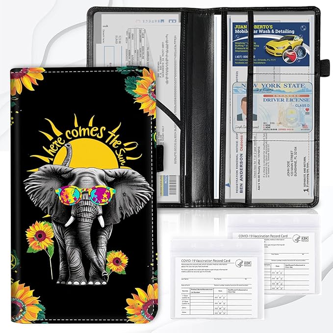 Car Registration and Insurance Card Holder, Vehicle License Documents Glove Box Compartment Organizer Wallet, ID Card Holder for Car Essentials Automobile, Elephant and Sunflowers
