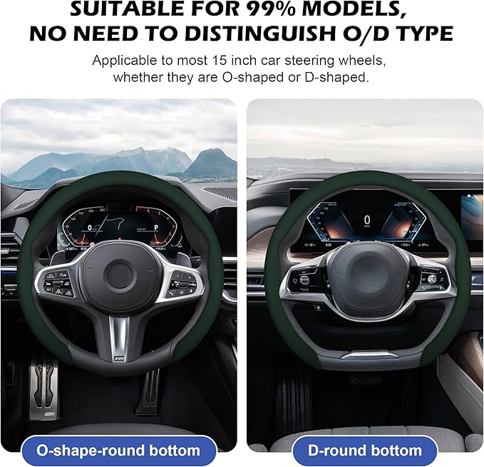 Frani Nappa Leather Steering Wheel Cover,Universal Fit 15 Inch-Premium Non-Slip Breathable Comfort Grip for Cars Trucks SUVs,Anti-Slip Durable Interior Upgrade Dark Green
