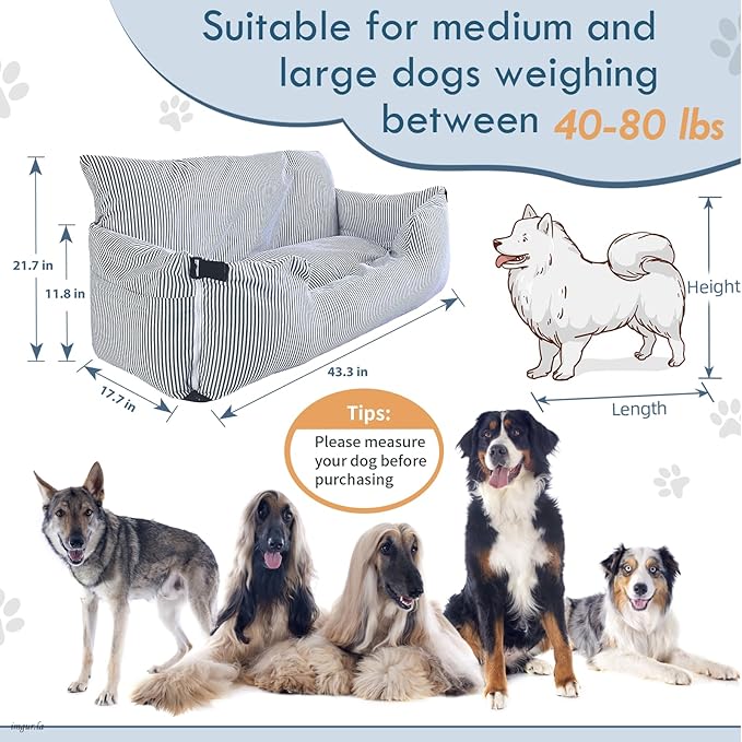 Dog Car Seat for Large Dogs,Dog Booster Seat Under 80lbs or 2 Small Dogs, Detachable Pet Seat with Safety Belt, Non-Slip Base, and Storage Pockets for Car Travel