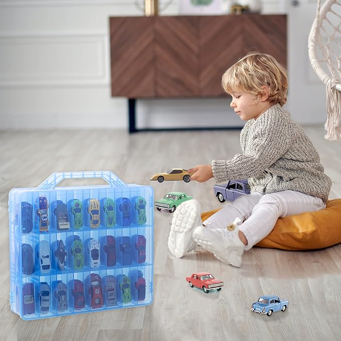 KISLANE Double Sided Storage Case for 48 Cars, Matchbox Cars, Mini Toys, Small Dolls - Portable Transparent Case (Blue)