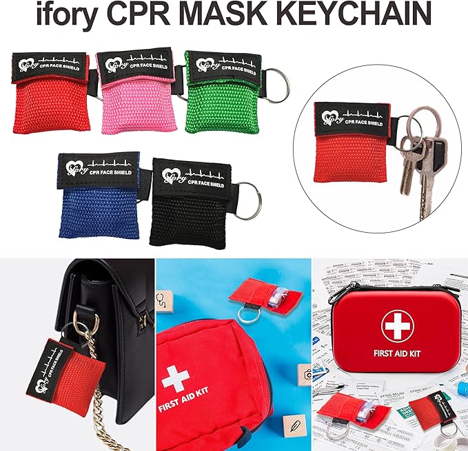 50 Packs CPR Face Shield with Keyring, CPR Pocket Mask Keychain for Emergency Kit with One Way Valve Breathing Barrier for First Aid or ADE Training