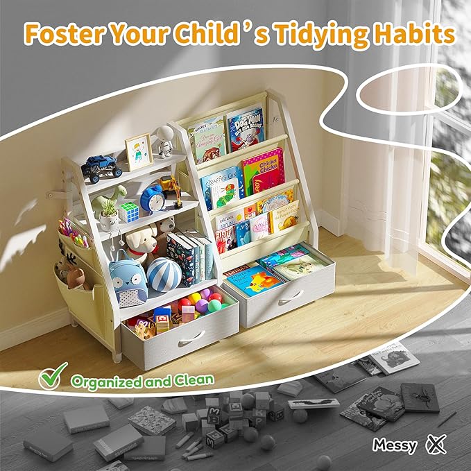 Kids Bookshelf and Toy Organizer, Sturdy 3 Tier Kid Bookcase, Sling Bookshelf and 2 Toy Bins, Toddler Montessori Book Shelf with Toy Storage Organizer for Children Room, Playroom, Nursery