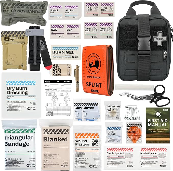 RHINO RESCUE IFAK Trauma Kit with C-A-T Tourniquet for Wound Care, Tactical First Aid Kit Molle Pouch for Military, Combat, Car, Camping, Hiking, Travel (Black)