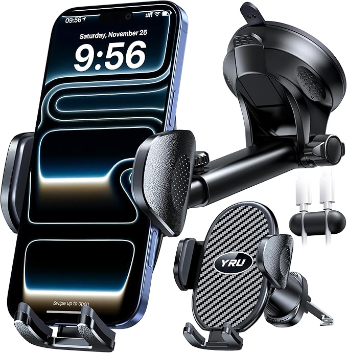 YRU Upgraded Universal Car Phone Holder Mount【360°Rotatable & Strong Suction】 Cell Phone Car Dashboard Windshield Phone Holder Dash Vent Stand for iPhone 17 16 Pro Max Samsung Truck, Graphite Black