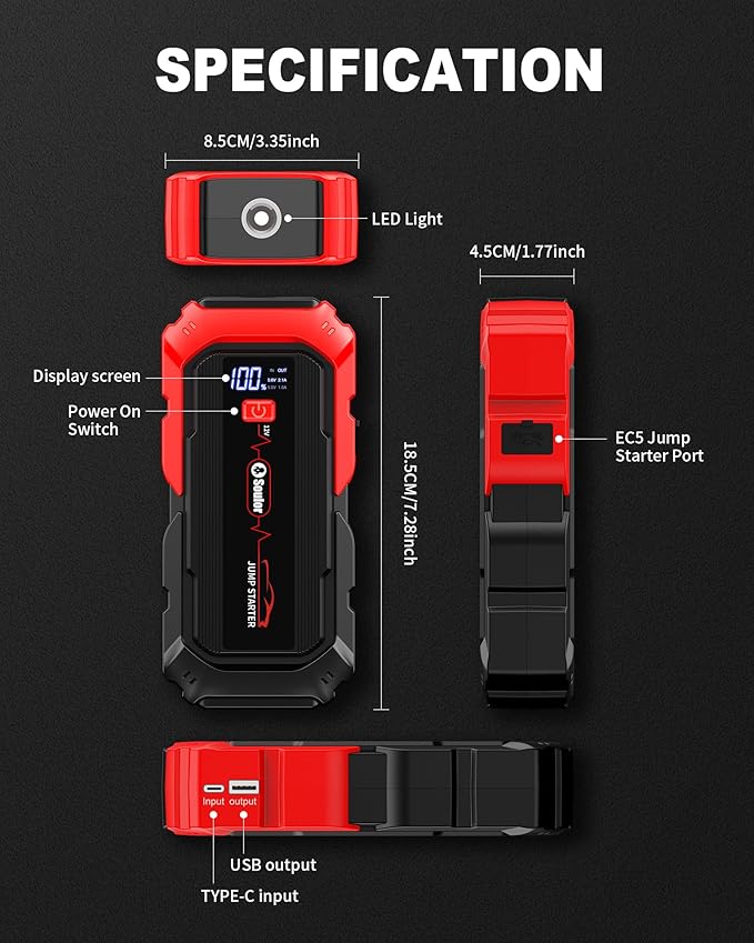 Jump Starter Battery Jumper Starter Portable Car Battery Jump Starter for Up tp All Gas & 12L Diesel, 12V 5000A Portable Jump Box with 3 Modes Flashlight and Jumper Cable