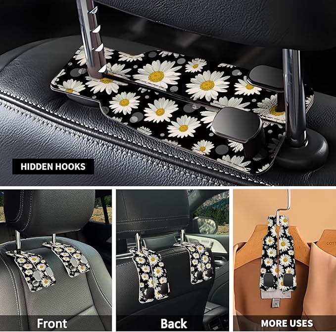 Car Seat Headrest Hook, Universal Leather Cute Hanger Holder Hook, Storage Organizer Interior Accessories for Purse Bags Handbag Cute Daisys