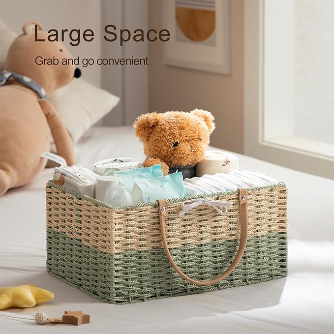 HBlife Large Baby Diaper Caddy Organizer, Paper Rope Storage Baskets Nursery Bin with Removable Divider, Portable Car Organizer for Diapers, Baby Shower Gifts, Newborn Essentials Must Haves