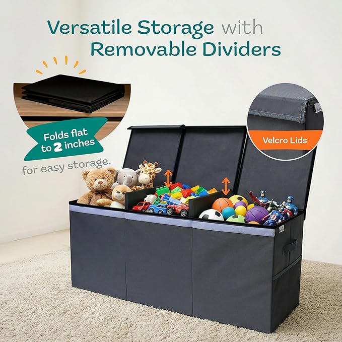 Extra Large Toy Storage Organizer with Lid - Sturdy, Collapsible Toy Chest Storage Box Design - Toys Bin with Dividers for Kids, Nursery, Bedroom, Playroom 37"x16"x14"