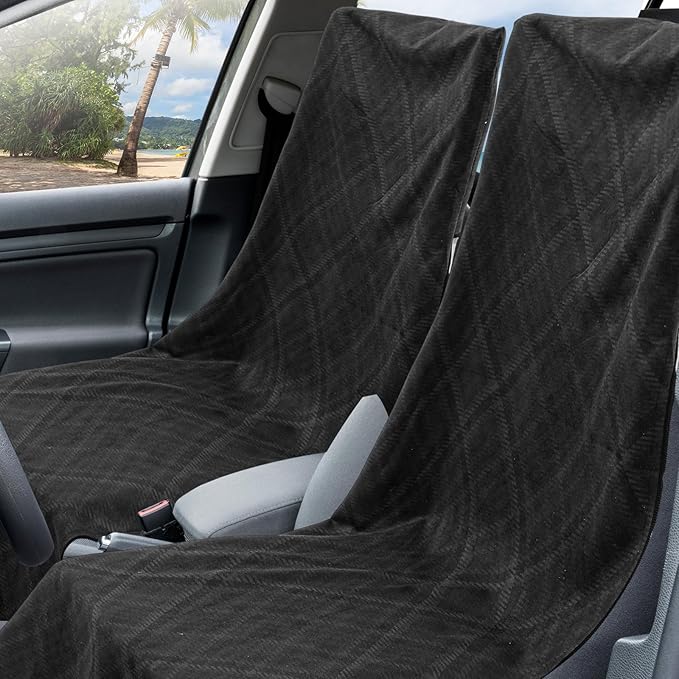 Hahafelt 1 Pack Car Seat Towel Covers with Storage Bag 63 x 32 Inch Athletic Running Towel Seat Sweat Washable Non Slip Cover Gift for Car Outdoor Sport Activities (Black Plaid)