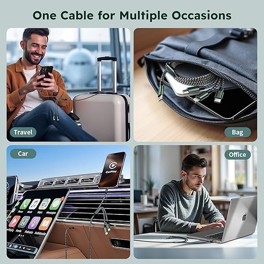 3 in 1 USB C to Multi Charging Cable, Travel Charger Cables for Multiple Devices, Universal Multiple Charger Cord with Type-C/IP/Micro Port for iPhone16/15/14/Cell Phones and More (2Packs 4FT)