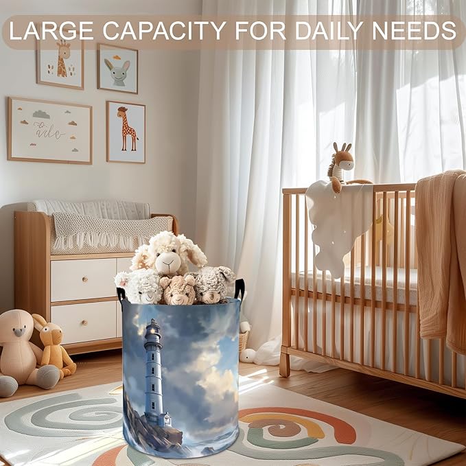 Lighthouse Laundry Basket Hamper 19.7"x15.8", Coastal Ocean Foldable Waterproof Oxford Clothes Storage Bucket for Room Bathroom Bedroom Nursery Decor, Toy Organizer Bins Gifts for Kids Boys Girls