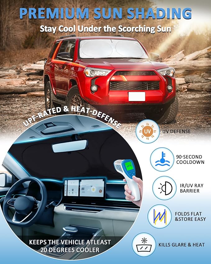 Sun Shade for 4Runner Windshield Sunshade fit for Toyota 4Runner 2010-2023 2024 2025 Accessories Foldable Front Window Cover Retractable Sun Visor Protector Keep Interior Cool