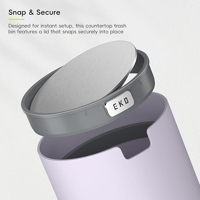 EKO Fandy 0.58 Gal/2.2L Mini Trash Can with Lid, Swing-Top Desktop Trash Can for Bathroom, Countertop, Vanity, Desk or Office, Small Garbage Bin (Lavender)