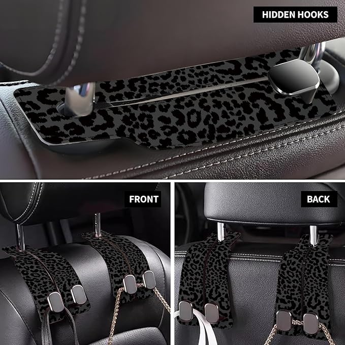 Car Seat Back Storage Headrest Hook, Premium Leather Double Metal Hook, Hanger Storage Organizer for Purse Cloth Bag, Car Interior Accessories Luxury Black Leopard