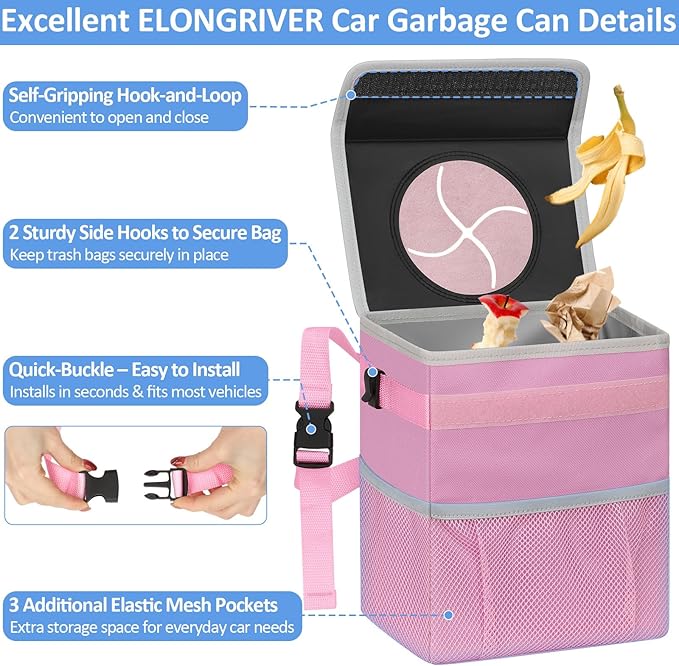 ELONGRIVER Car Trash Can Bin for Back Seat Leak Proof, Cute Car Trash Bag Hanging, Vehicle Trash Can for SUV Truck Van, Automotive Garbage Cans Front Seat Pink