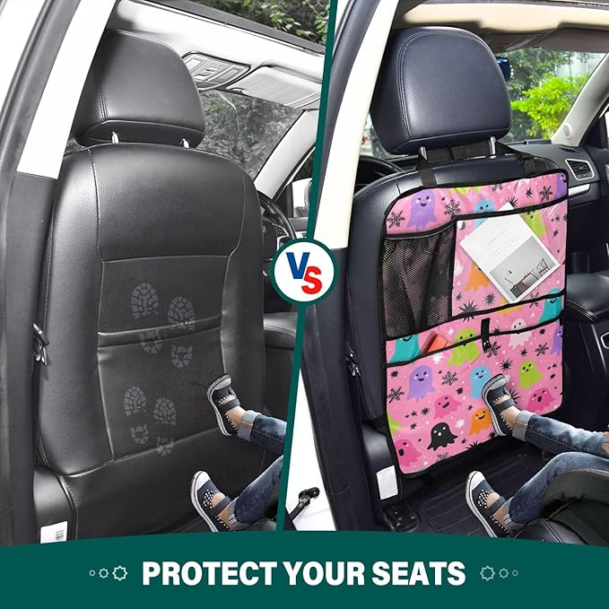 1 Pack Back Seat Car Organizer with Storage Pockets Kick Mats Back Seat Protector Hanging Car Organizer Automotive Seat Back Cover Organizers Hot Pink Halloween Ghost Snowflakes