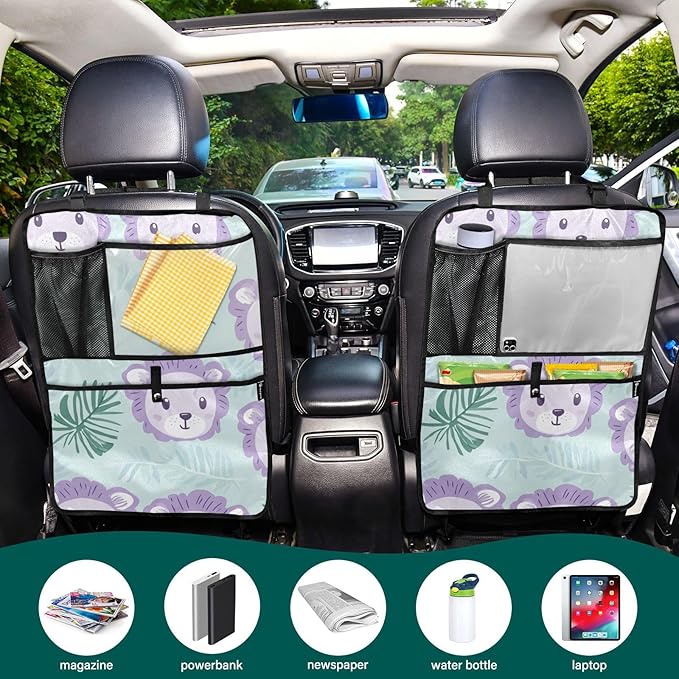 Cute Green Lion and Palm Leaves 1 Pack Backseat Car Organizer with Storage Pockets Seat Back Organizers for Kids Kick Mats Backseat Protector Automotive