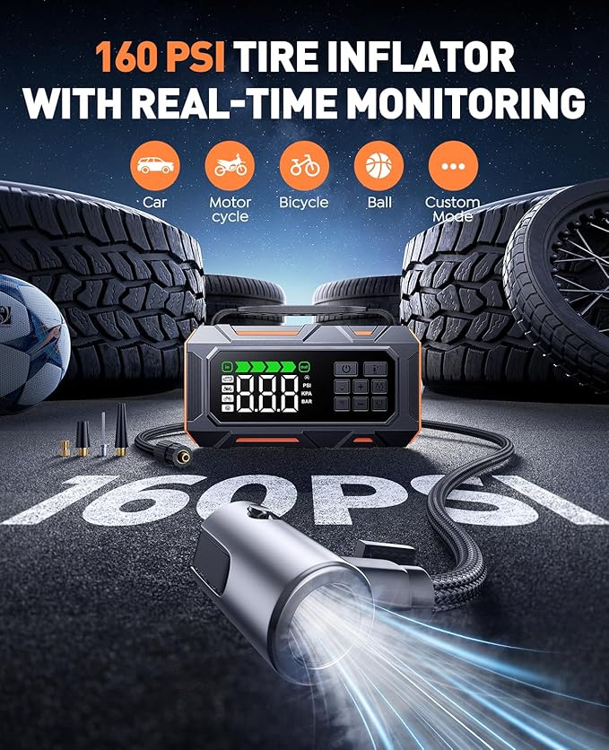 TREKURE 16-in-1 Car Jump Starter with Air Compressor 160PSI, 8000A Jump Starter Jump Box (All Gas 12L Diesel), Jumper Cables Jumper Starter Portable with Car Roadside Emergency Kit, Gloves, Lights