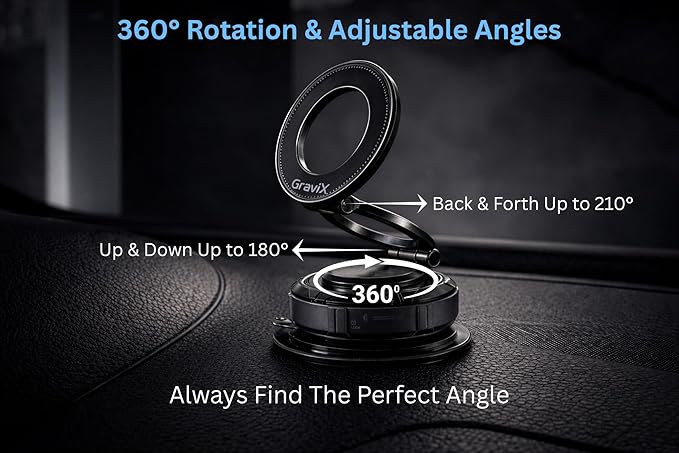 GraviX Magnetic Car Phone Holder for MagSafe – Powerful Magnet, Strong Suction, Anti-Vibration Arm, 360° Adjustable Dashboard & Windshield Car Mount (Fits All Vehicles, All Phones & Cases)