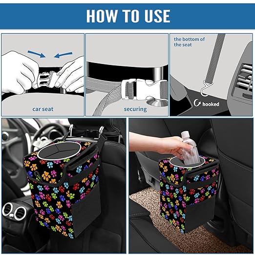 Paws Cat and Dog Print Car Trash Can with Lid Collapsible Reusable Waterproof Car Garage Bag,Automotive Garbage Can,Car Accessories Interior Car Organizer
