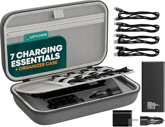 Uptown Deals Travel Charging Kit with Cable Organizer Case – 10,000mAh Portable Charger (Power Bank), 45W GaN Wall Adapter, 48W Car Phone Charger & 4 Cables – Travel Essentials for Devices