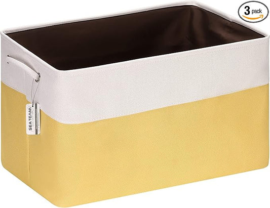 Sea Team 3-Pack Extra Large Storage Basket Set, Trunk Organizer, Clothes Toys Bin, 22 x 15 x 13 Inches, Rectangular Canvas Fabric Collapsible Shelf Box with Handles for Kids Room (Yellow/White)