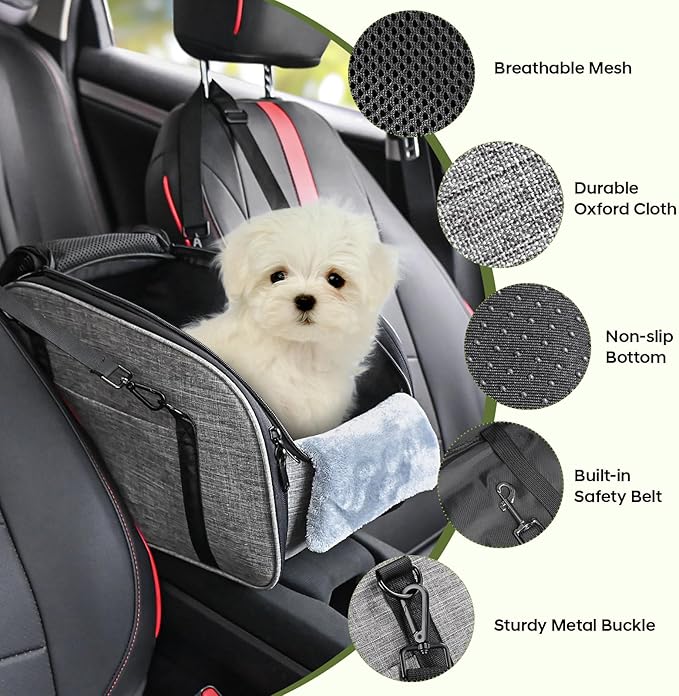 Dog Car Seat for Small Dog - Center Console Dog Car Seat with Double Protection Safety Belt and Non-Slip Bottom, Portable Pet Booster Seat with Washable Cushion & Storage Pocket, Grey