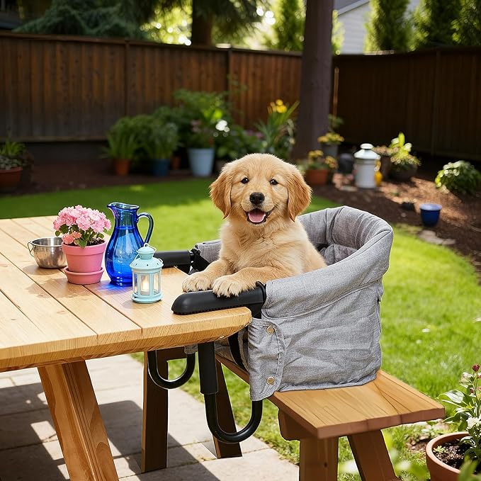 Soaoo Dog High Chair for Table, Cat Desk Perch, Pet Feeding Booster, Seat Attach to Table, Hook on High Chair Portable & Foldable for Home and Travel (Small Dogs/Cats)(Grey)