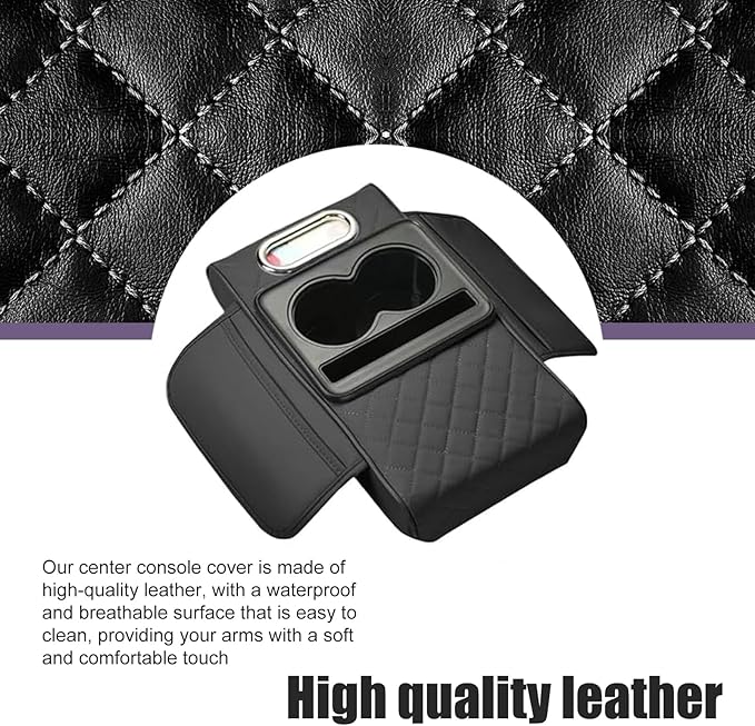 Car Center Console Cover Organizer, Multifunctional Storage Box with Cup Holders & Tissue Box & Phone Slot, Highly Elastic Comfort Arm Rest Cushion for Cars (Black)