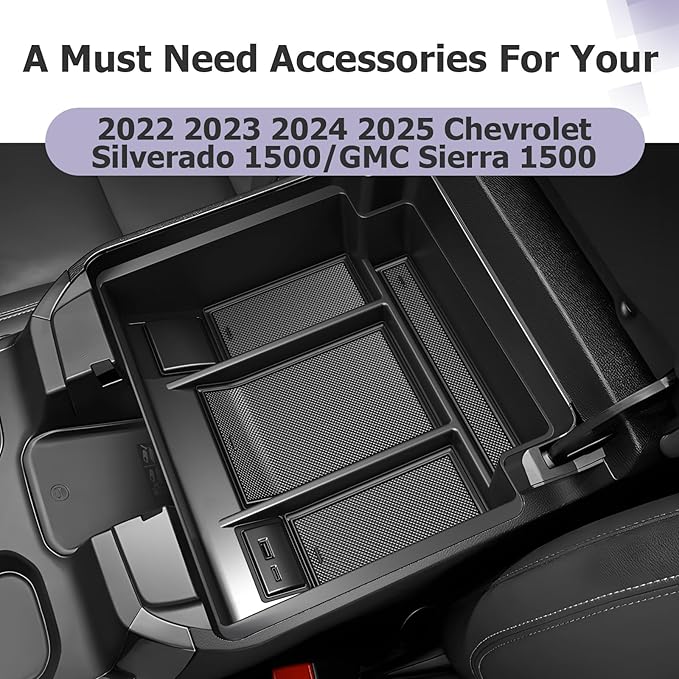 LUWU Center Console Organizer Compatible with 2022-2024 2025 2026 Chevy Silverado/GMC Sierra 1500 & 2024 2025 2026 Chevrolet Silverado/Sierra 2500HD 3500HD Black (ONLY for Full Console w/Bucket Seat)