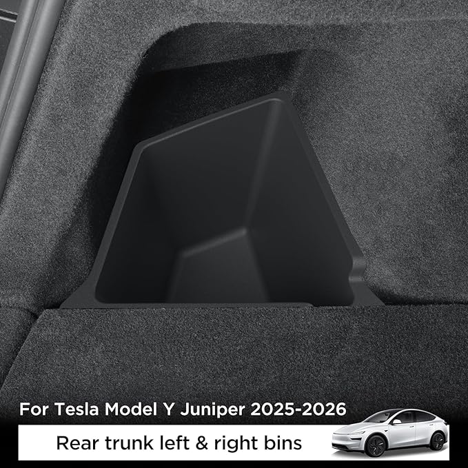 LUCKEASY Rear Trunk Storage Bins Fit for Tesla Model Y Juniper 2025 2026 Trunk Side Storage Box with Lids Rear Cargo Garbage Bins for Model Y Juniper 2025.03-Present Accessories Black TPE