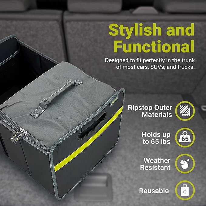 meori Collapsible Trunk Organizer for Car with Cooler for Groceries Road Trips 2 Compartments Heavy Duty Mesh Pocket Ripstop
