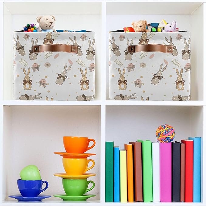 Happy Easter Day Eggs Bunny Storage Basket Fabric Laundry Baskets Easter Rabbit Peeps Spring Flowers Storage Boxes Organizer Bag for Baby Cloth Toy Book Storage Cubes Shelf Closet Bins 16×12×8 Inches