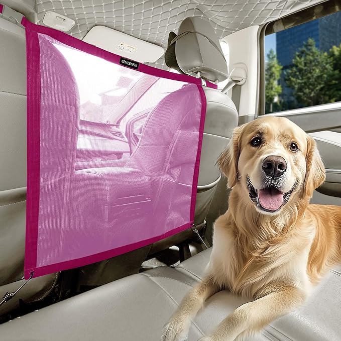 Universal Dog Car Net Barrier – Sturdy Mesh, Easy Install, Breathable Design, Easy to Clean, Flexible Bungee Cords for Adjustable Fit 23"×23" (Rose Red)
