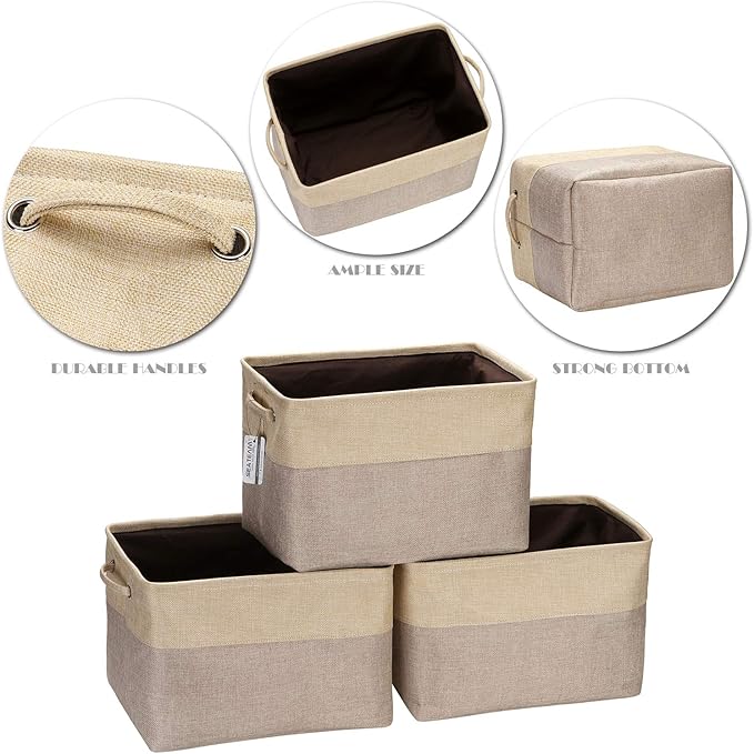 Sea Team 3-Pack Large Storage Basket Set, Trunk Organizer, Clothes Toys Bin, 15 x 10 x 10 Inches, Big Rectangular Canvas Fabric Collapsible Shelf Box with Handles for Kids Room (Tan/Beige)