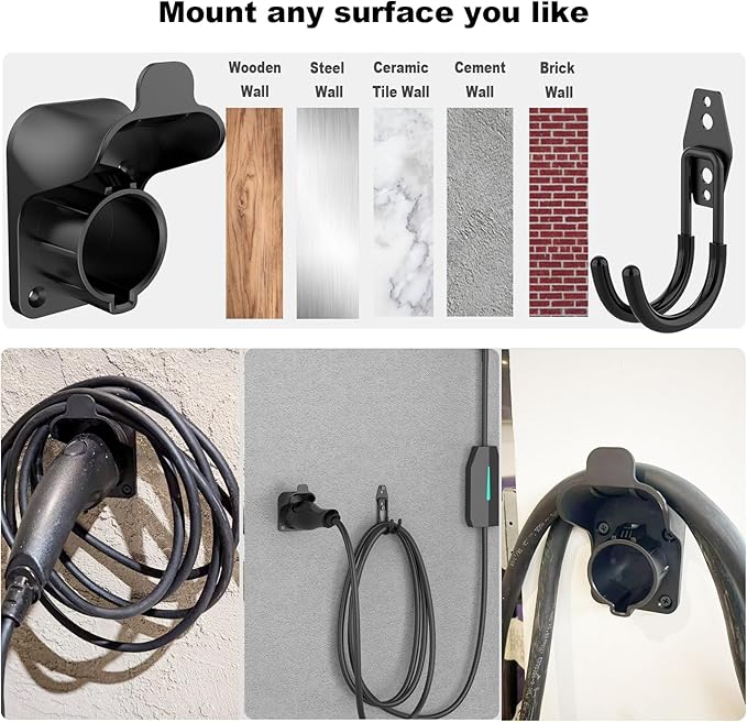 EV Charger Holder Wall Mount J1772 Charging Cable Organizer Heavy Duty & No Cable Cutting Electric Car Plug Nozzle Holster Dock