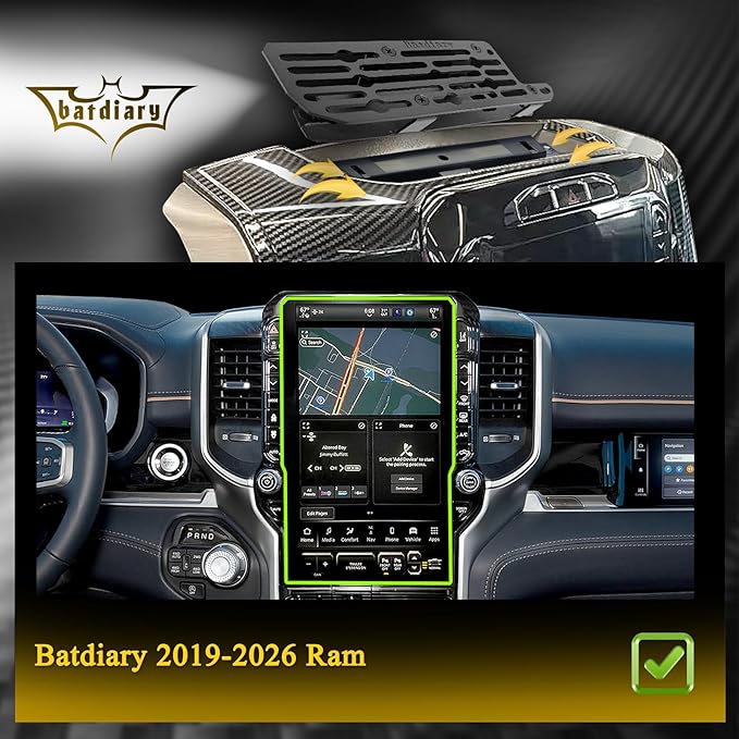 Ram 1500 Magnetic Phone Mount Compatible with 2019-2026 2021 2022 2023 2024 2025 Dodge Ram 1500 2500 3500 TRX Accessories Carbon Fiber Metal Cell Phone Holder Dash Mount No-Drill installation