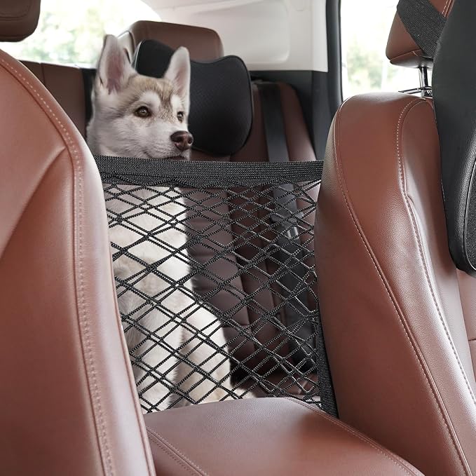 rabbitgoo Dog Car Net Barrier for SUVs, Pet Barrier with Metal Hooks & Stretchable Mesh, Car Divider & Storage Bag, Easy to Install, Drive Safely with Children & Pets, 11.7"×11.7"