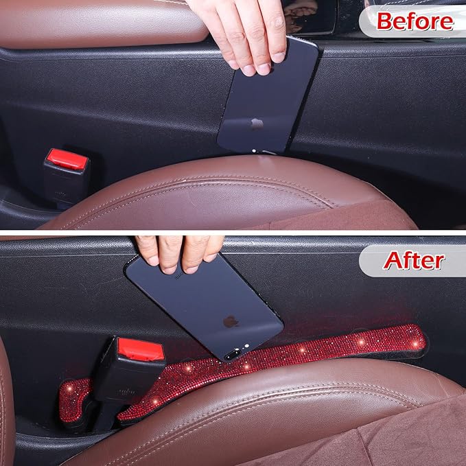 Briwill Bling Red Car Seat Gap Filler, 2 Pack Car Abyss Blocker Universal Fit for Car SUV Truck, Handmade Crystal Rhinestone Diamond Red Bling Car Accessories for Women(Red)