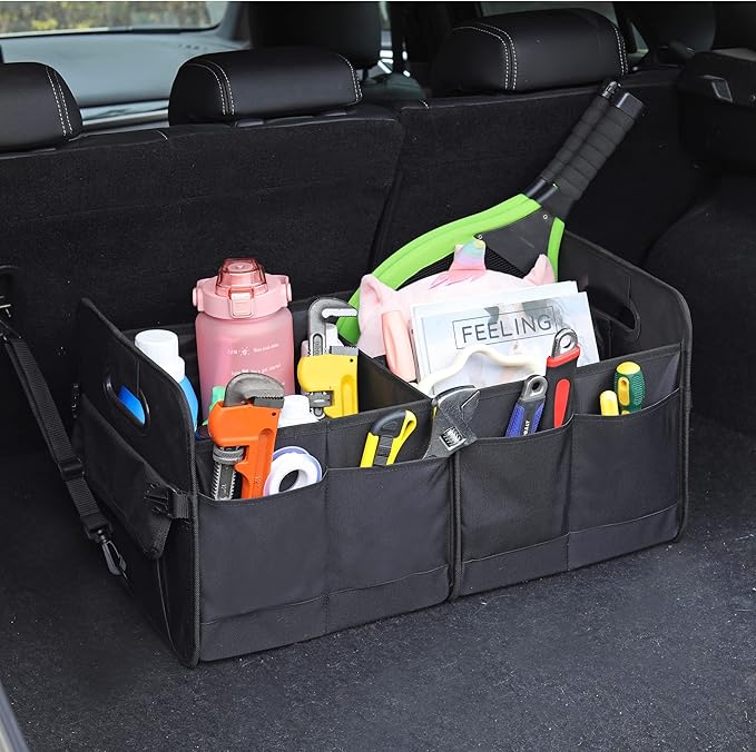 Car Trunk Organizer Car Storage Organizer Collapsible Multi Compartment Car Organizer Adjustable Straps Car Organizer for SUV(Black)