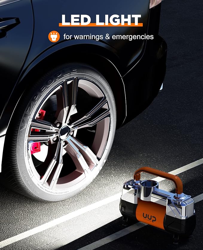UUP Tire Inflator Air Compressor, 150PSI 12V DC Double Cylinders Heavy Duty Portable Air Pump w/Emergency LED Light for Truck, SUV, Car, RV