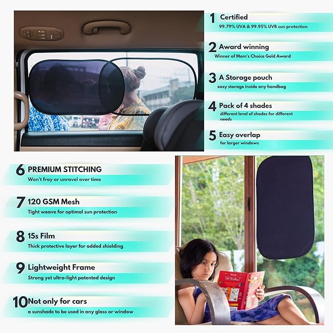 Car Window Shades - Certified 99.79% UVA & 99.95% UVB Sun Protection. Award Winning car Sun Shade for Side Windows. 4 Pack Transparent Shades 20" x 12" - Car Accessories Interior by Kinder Fluff